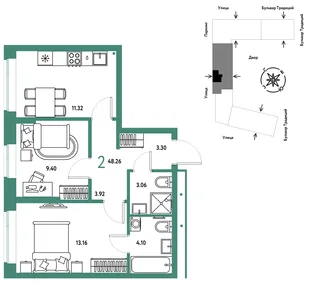 Планировка 2-комн. квартира, 48.26 м² ЖК «Микрорайон Домашний»