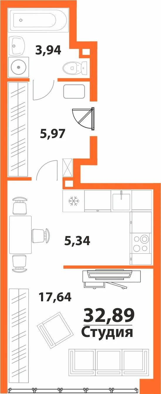 Планировка Студия, 32.89 м² ЖК «Аквамарин 2» Планировка Студия, 32.89 м² ЖК «Аквамарин 2»