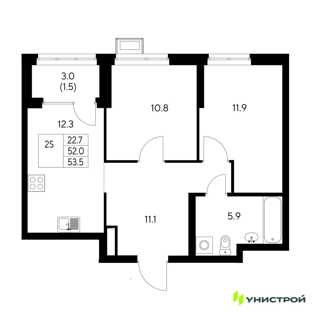 Планировка 2-комн. квартира, 53.5 м² ЖК «Стадиум»