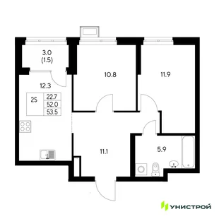 Планировка 2-комн. квартира, 53.5 м² ЖК «Стадиум»