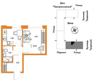 Планировка 1-комн. квартира, 29.4 м² ЖК «Микрорайон Домашний»