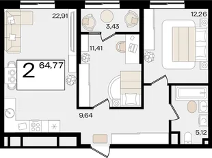 Планировка 2-комн. квартира, 64.77 м² ЖК «Патрики»
