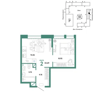 Планировка 2-комн. квартира, 33.69 м² ЖК «Юнион»