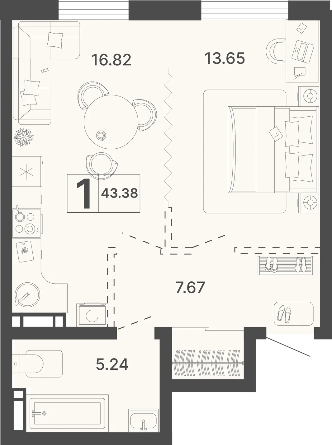 Планировка 1-комн. квартира, 43.38 м² ЖК «Светский лес»