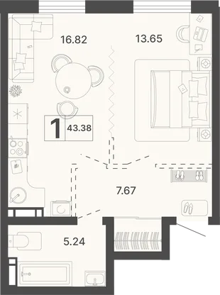 Планировка 1-комн. квартира, 43.38 м² ЖК «Светский лес»