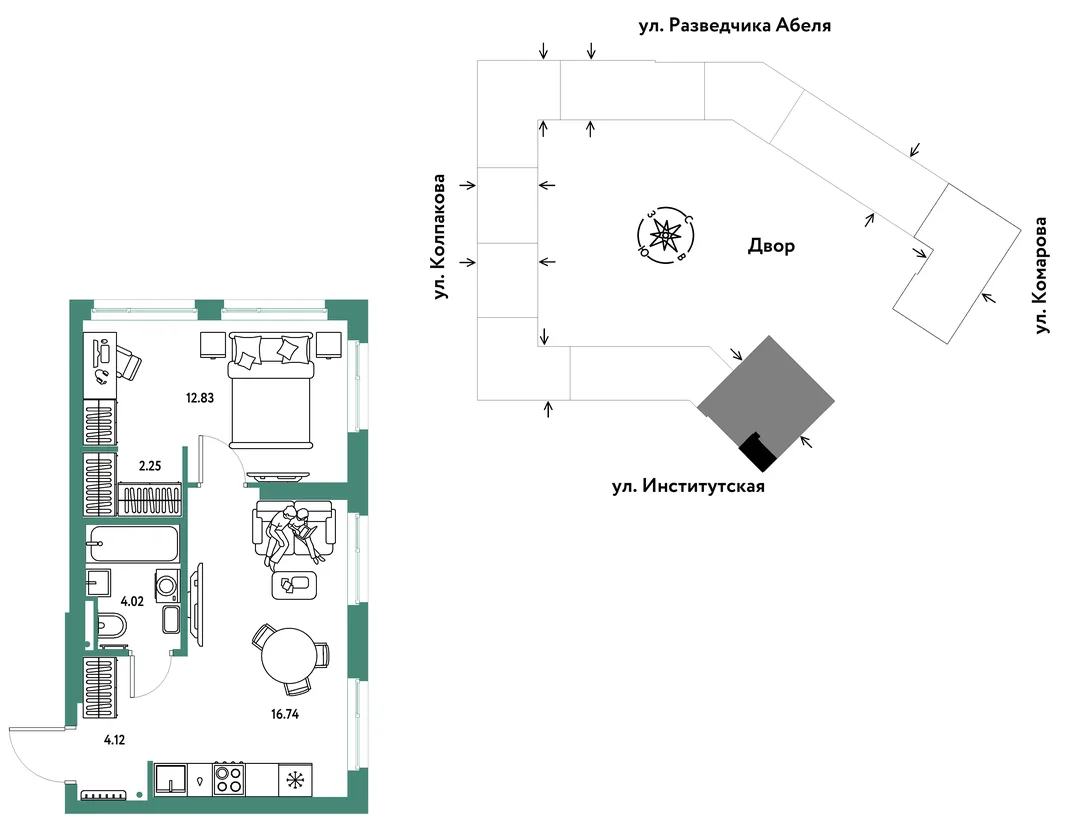 Планировка 2-комн. квартира, 39.96 м² ЖК «Страна.Парковая»
