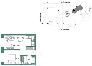Планировка 2-комн. квартира, 37.07 м² ЖК «Остров-сад»
