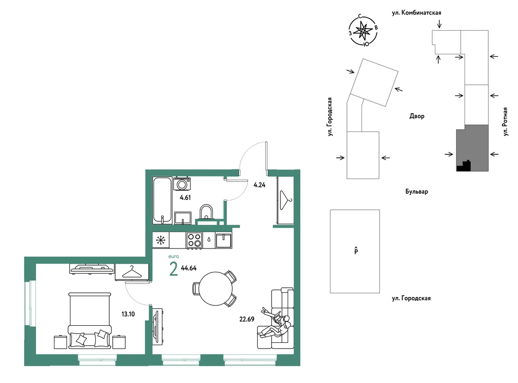 Планировка 2-комн. квартира, 44.64 м² ЖК «Уральский сад»