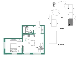 Планировка 2-комн. квартира, 44.64 м² ЖК «Уральский сад»