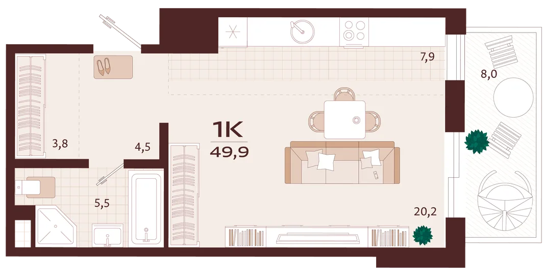 Планировка 1-комн. квартира, 49.9 м² ЖК «Роялта»