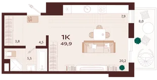 Планировка 1-комн. квартира, 49.9 м² ЖК «Роялта»
