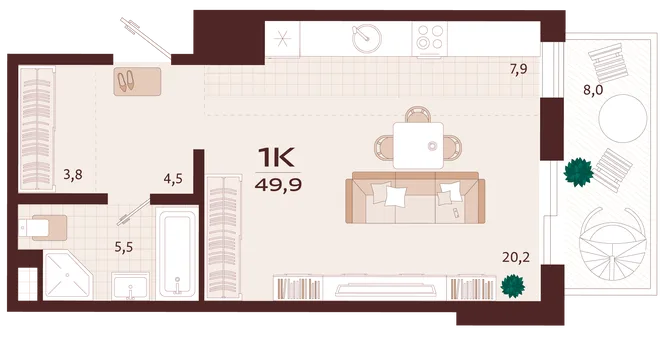 Планировка 1-комн. квартира, 49.9 м² ЖК «Роялта» Планировка 1-комн. квартира, 49.9 м² ЖК «Роялта»