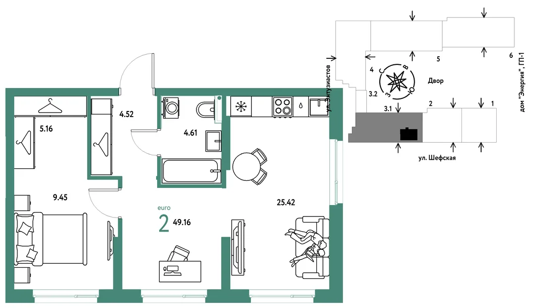 Планировка 2-комн. квартира, 49.16 м² ЖК «Страна.Энтузиастов»