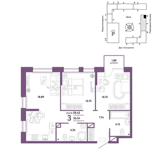 Планировка 3-комн. квартира, 58.43 м² ЖК «Юнион»