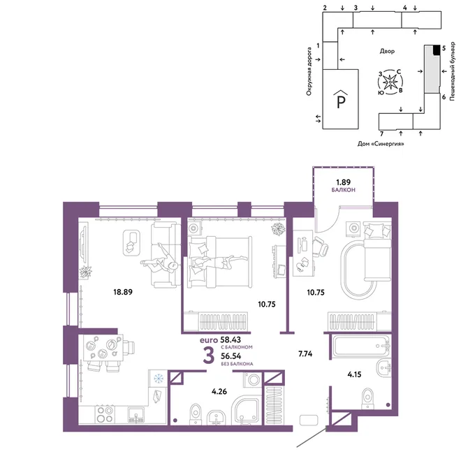 Планировка 3-комн. квартира, 58.43 м² ЖК «Юнион» Планировка 3-комн. квартира, 58.43 м² ЖК «Юнион»