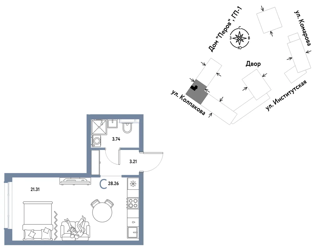 Планировка Студия, 28.26 м² ЖК «Страна.Парковая»