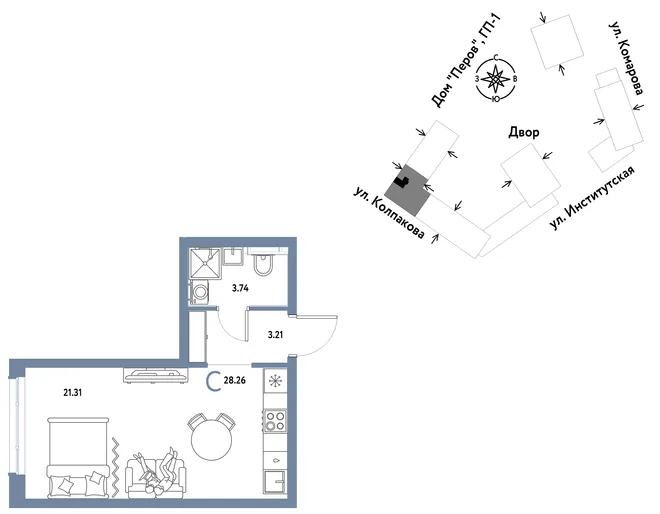 Планировка Студия, 28.26 м² ЖК «Страна.Парковая»
