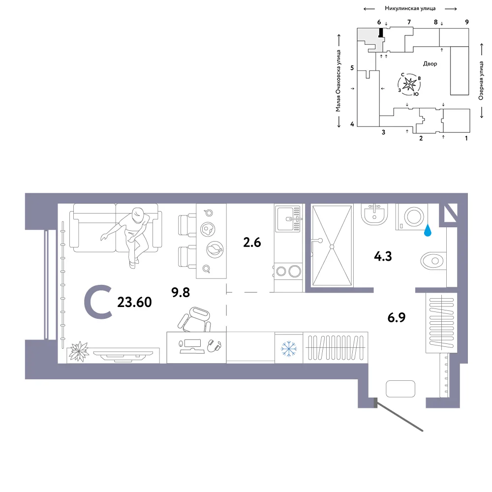 Планировка Студия, 23.6 м² ЖК «Страна.Озёрная»