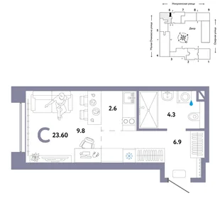 Планировка Студия, 23.6 м² ЖК «Страна.Озёрная»