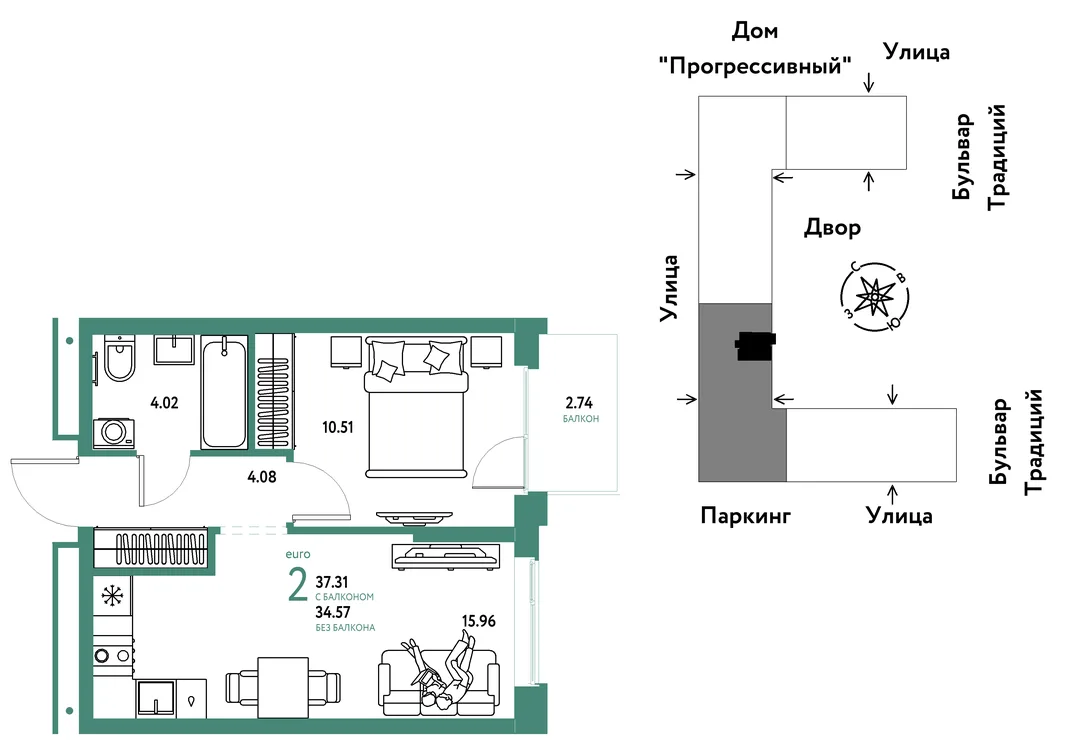 Планировка 2-комн. квартира, 37.31 м² ЖК «Микрорайон Домашний»