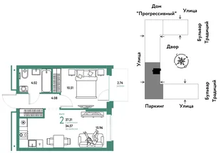 Планировка 2-комн. квартира, 37.31 м² ЖК «Микрорайон Домашний»