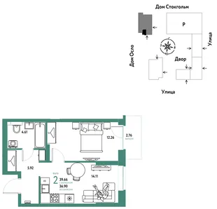 Планировка 2-комн. квартира, 39.66 м² ЖК «Европейский берег 2.0»
