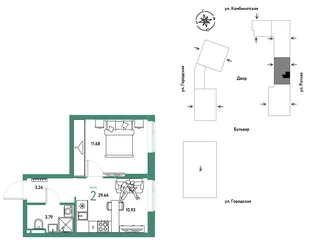Планировка 2-комн. квартира, 29.64 м² ЖК «Уральский сад»