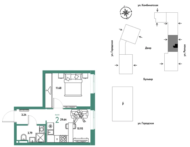 Планировка 2-комн. квартира, 29.64 м² ЖК «Уральский сад» Планировка 2-комн. квартира, 29.64 м² ЖК «Уральский сад»