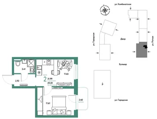 Планировка 2-комн. квартира, 31.99 м² ЖК «Уральский сад»