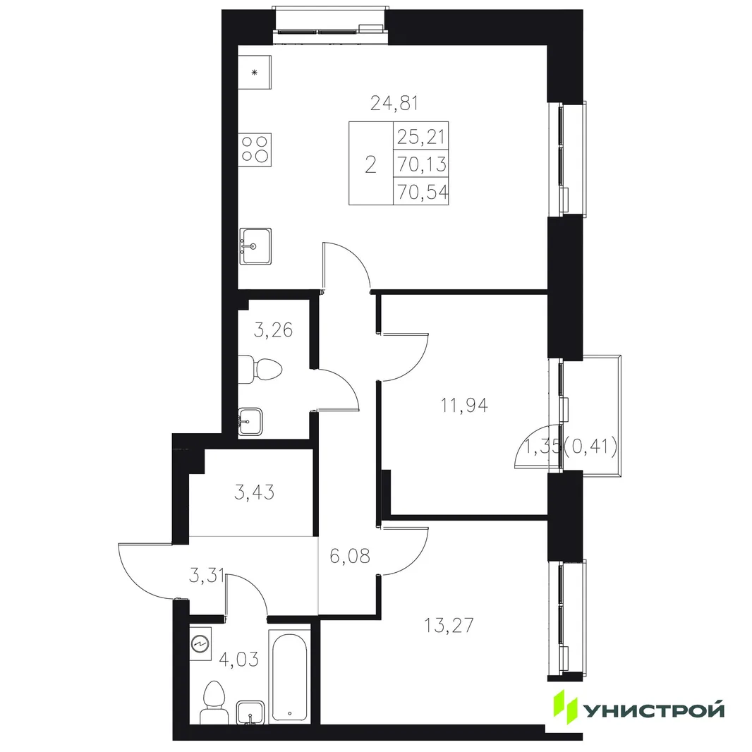 Планировка 2-комн. квартира, 70.54 м² ЖК «Statum»