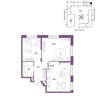 Планировка 3-комн. квартира, 60.68 м² ЖК «Юнион»