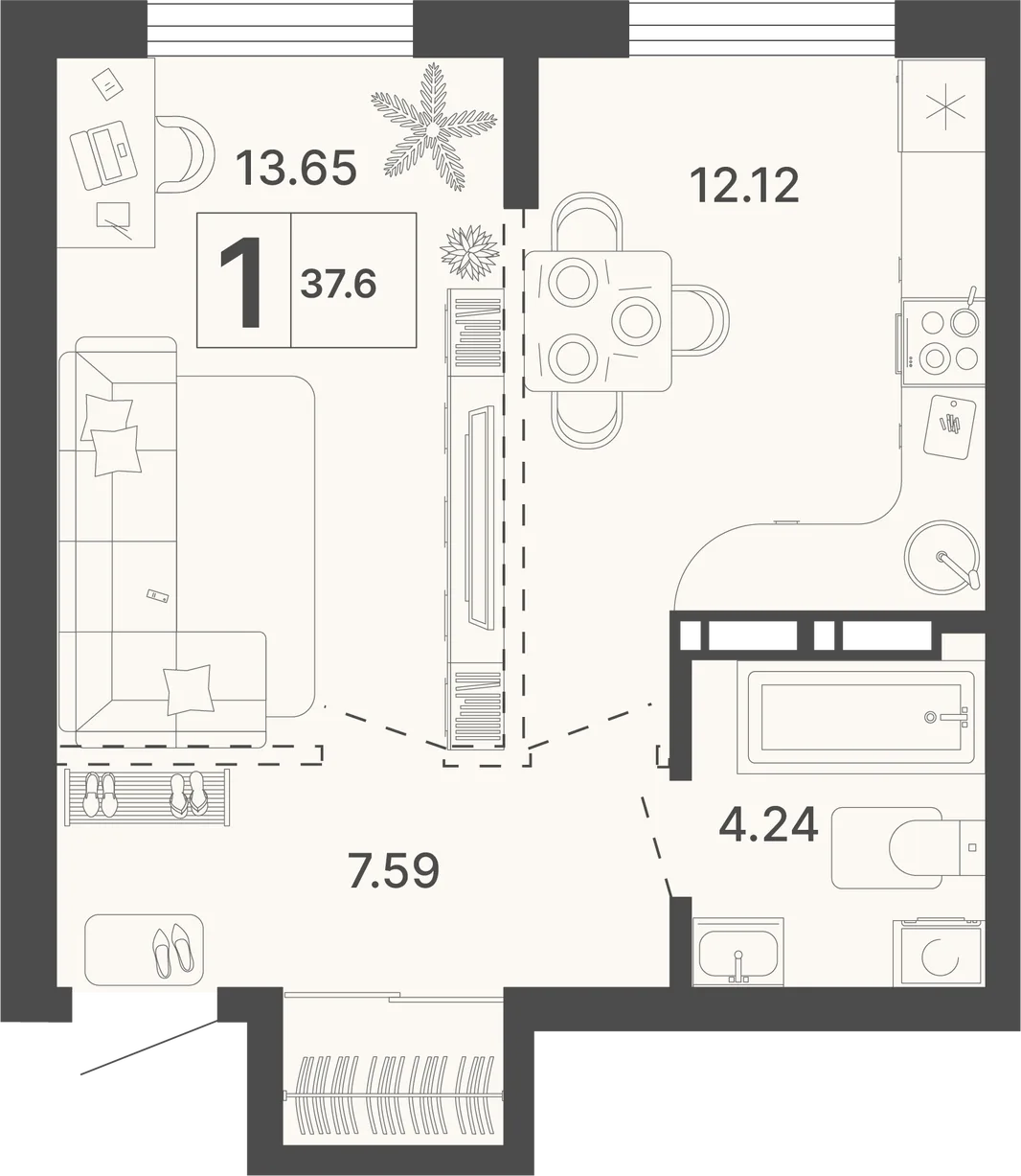 Планировка 1-комн. квартира, 37.6 м² ЖК «Светский лес»