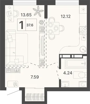 Планировка 1-комн. квартира, 37.6 м² ЖК «Светский лес»