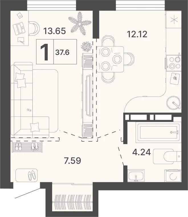 Планировка 1-комн. квартира, 37.6 м² ЖК «Светский лес»