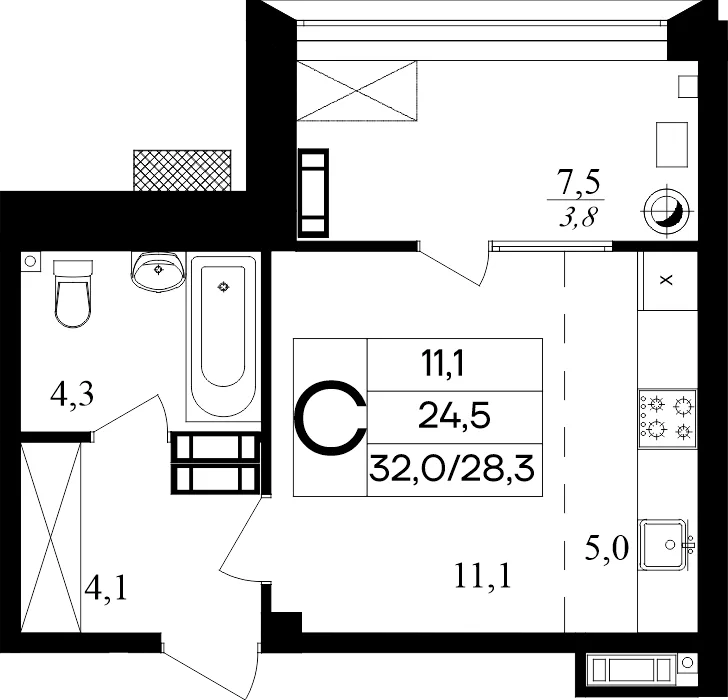 Планировка Студия, 32 м² ЖК «Маячная»