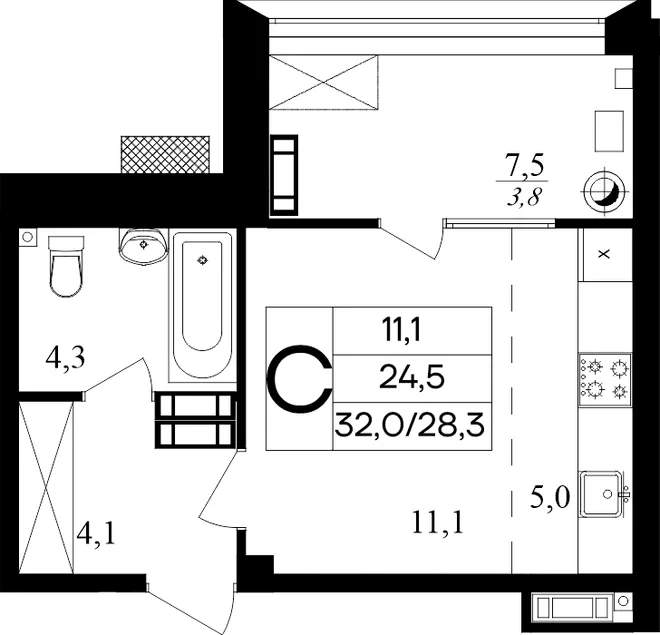 Планировка Студия, 32 м² ЖК «Маячная» Планировка Студия, 32 м² ЖК «Маячная»