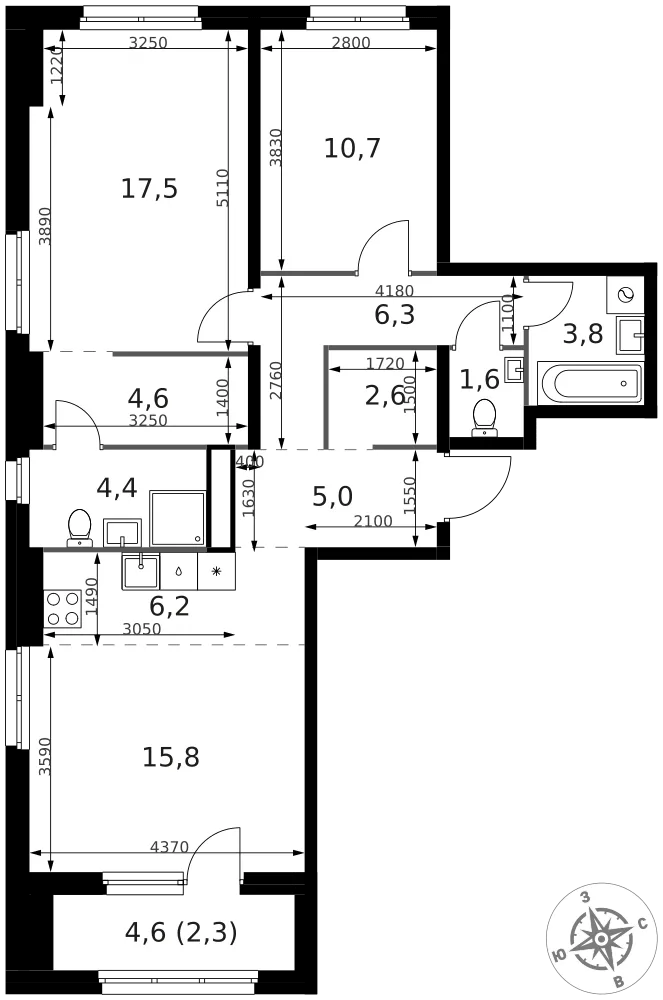 Планировка 3-комн. квартира, 80.8 м² ЖК «1-й Химкинский»