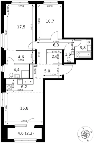 Планировка 3-комн. квартира, 80.8 м² ЖК «1-й Химкинский»