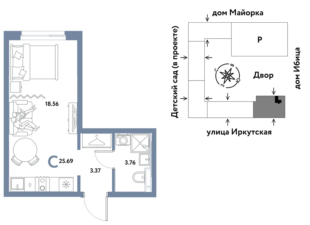 Планировка Студия, 25.69 м² ЖК «Остров-сад»