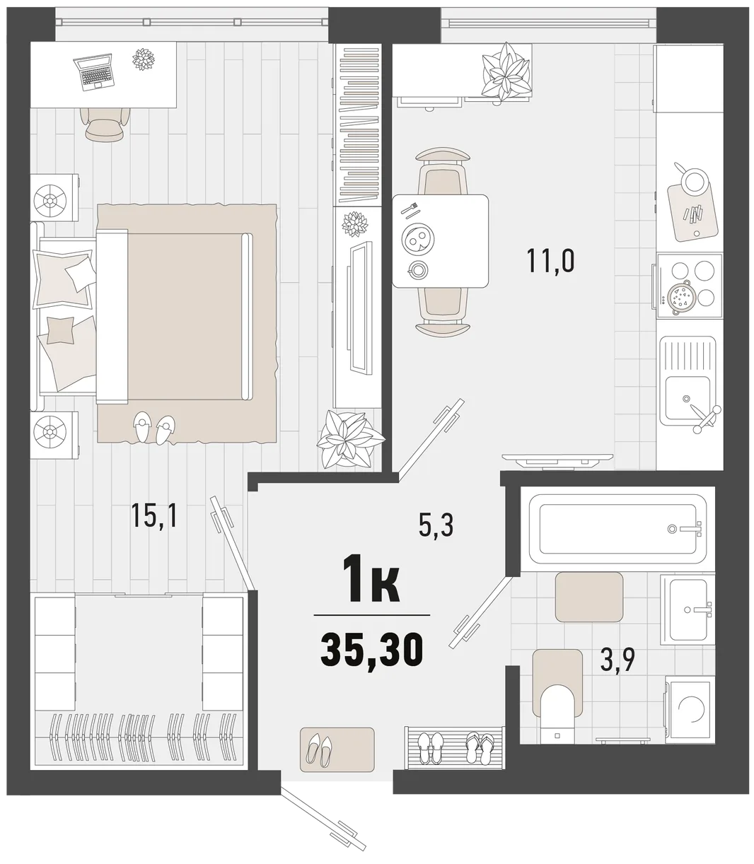 Планировка 1-комн. квартира, 34.2 м² ЖК «Барса»