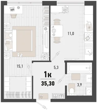 Планировка 1-комн. квартира, 34.2 м² ЖК «Барса»