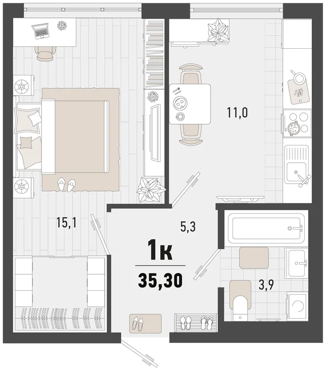 Планировка 1-комн. квартира, 35.3 м² ЖК «Барса» Планировка 1-комн. квартира, 35.3 м² ЖК «Барса»