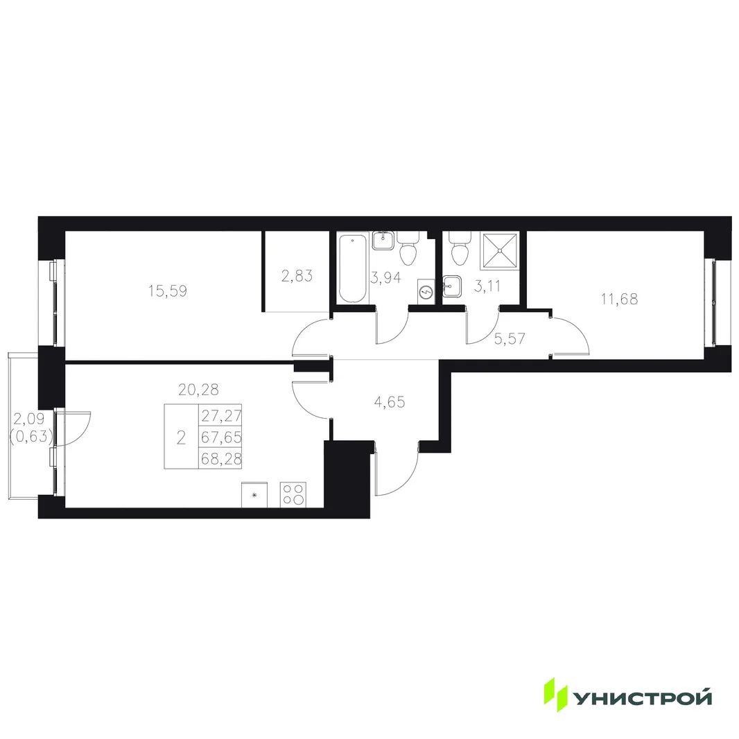 Планировка 2-комн. квартира, 68.28 м² ЖК «Statum»