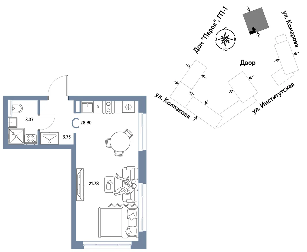 Планировка Студия, 28.9 м² ЖК «Страна.Парковая»