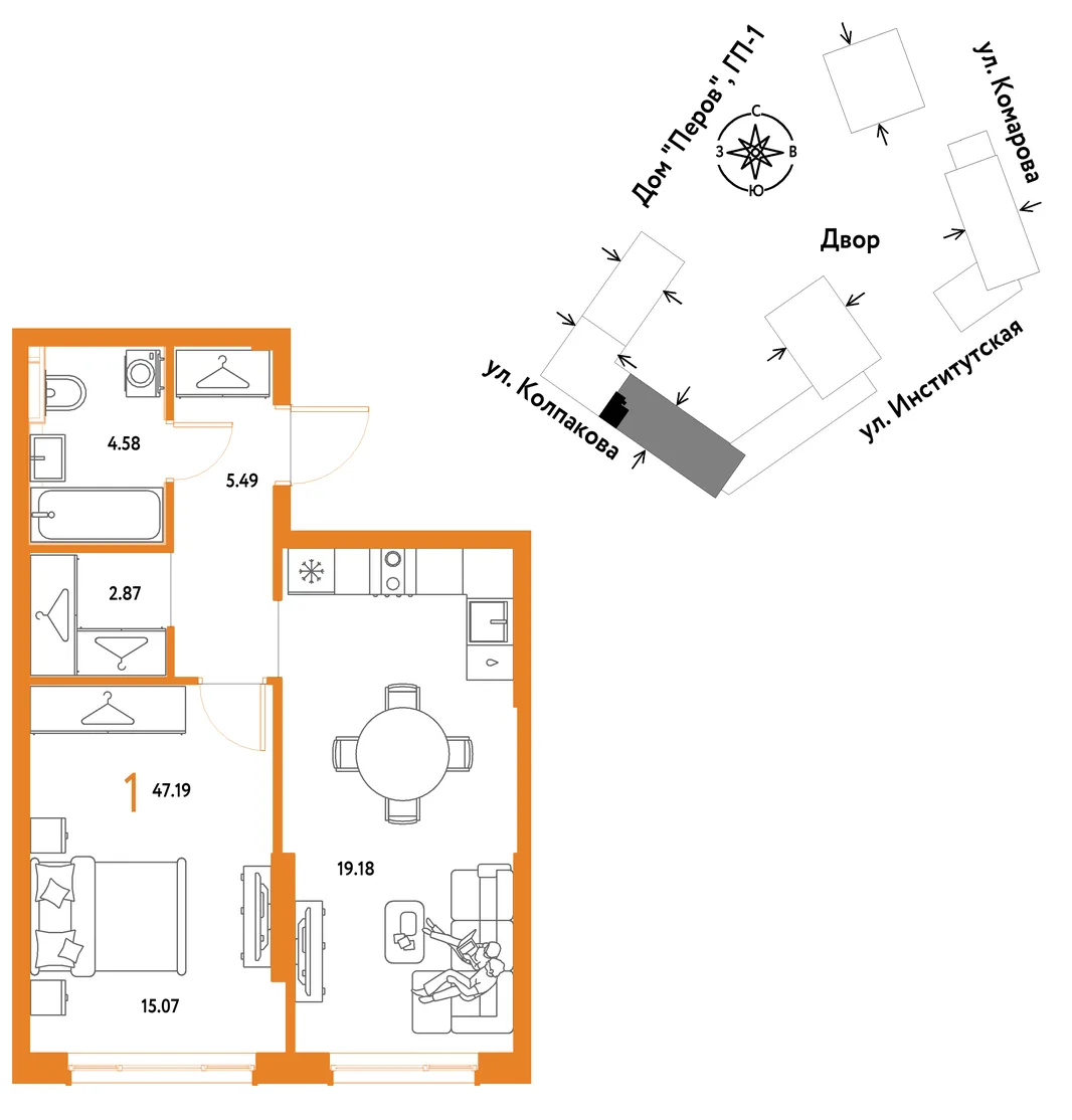 Планировка 1-комн. квартира, 47.19 м² ЖК «Страна.Парковая»