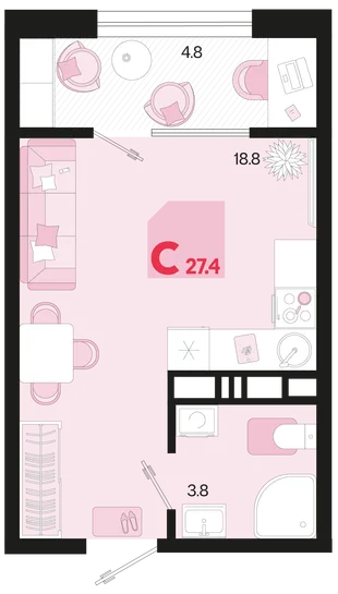 Планировка Студия, 27.4 м² ЖК «Первое место»