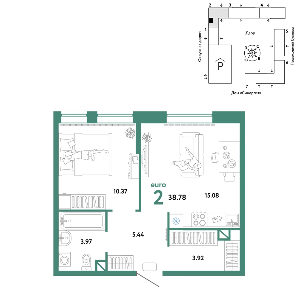 Планировка 2-комн. квартира, 38.78 м² ЖК «Юнион»