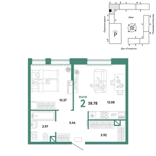 Планировка 2-комн. квартира, 38.78 м² ЖК «Юнион»