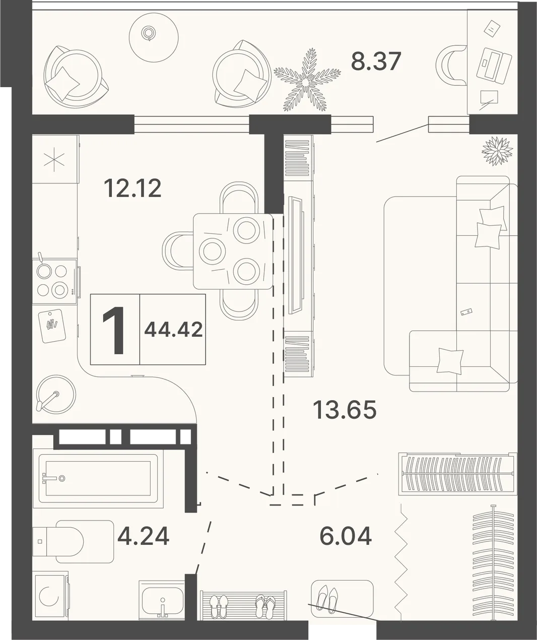 Планировка 1-комн. квартира, 44.42 м² ЖК «Светский лес»