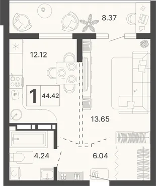 Планировка 1-комн. квартира, 44.42 м² ЖК «Светский лес»